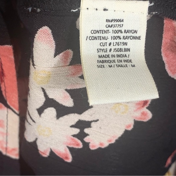 Billabong Women's Size M V Neck Tie Black Pink Floral Rayon Long Balloon Sleeve - Picture 9 of 12